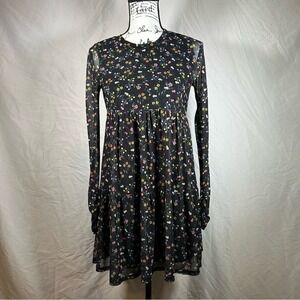 AFRM Baby Doll Mini Dress Women's XS Sheer Long Sleeved Black & Floral Design